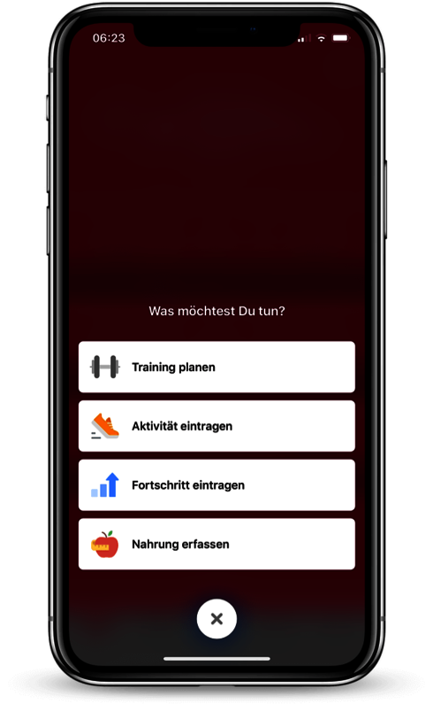 Es werden verschiedene Auswahlmöglichkeiten, in der Fitness App, am Handy angezeigt.